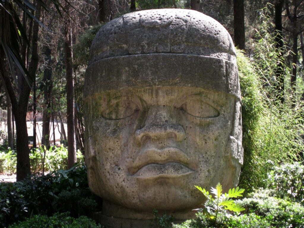 Olmec Head Carved from Basalt, Surrounded by Forest