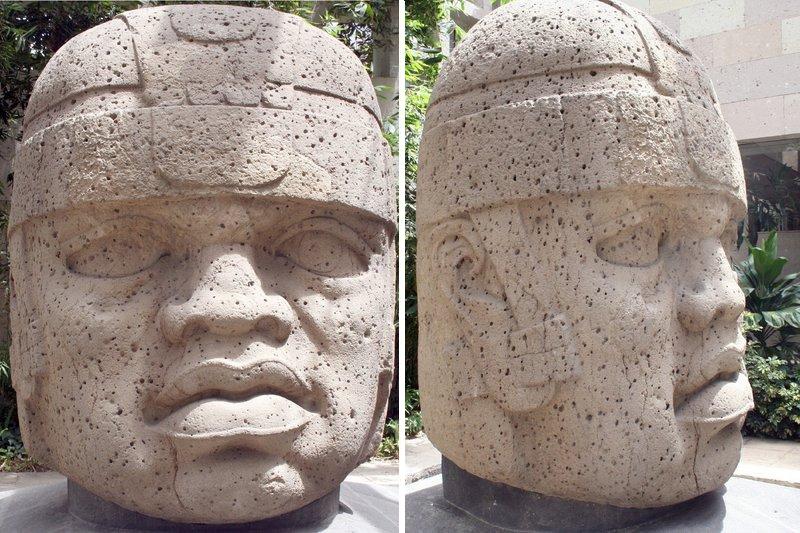 View from Both Sides of Olmec Head Carved from Basalt