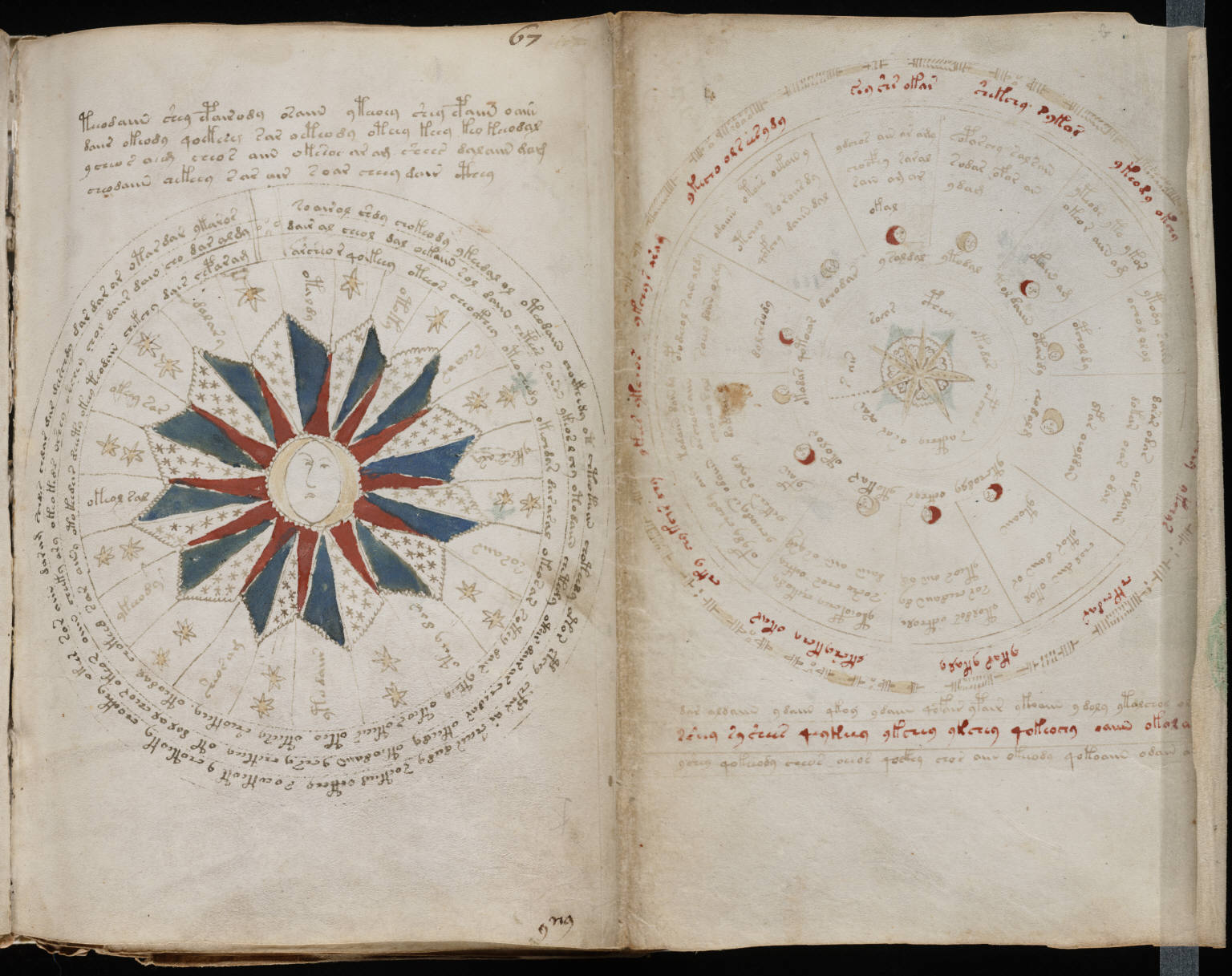 A page from the mysterious Voynich manuscript, which is undeciphered to this day. The image on the right indicates a 24 month cycle with the seasons listed and the image to the left indicates the mooncycles and planetary positions.